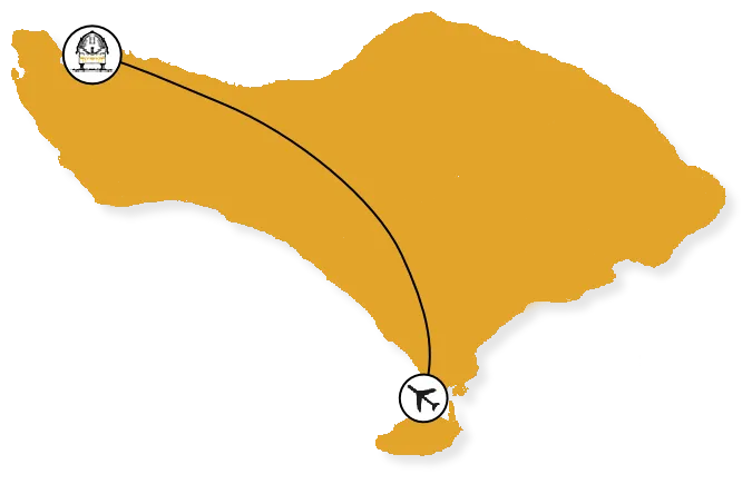 Map of Bali showing the drive from Ngurah Rai Airport in the south to Naya Gawana in the north-west